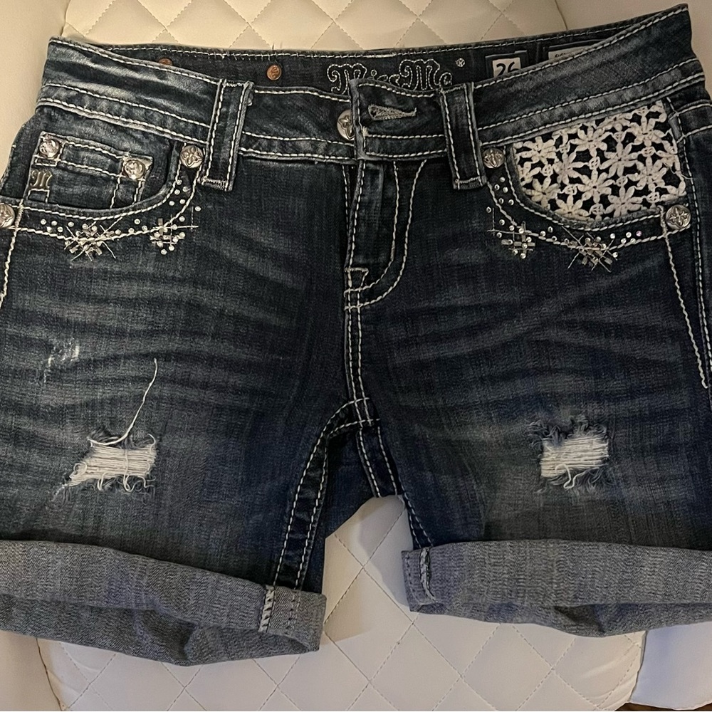 Miss Me Dark Blue Distressed Denim Shorts